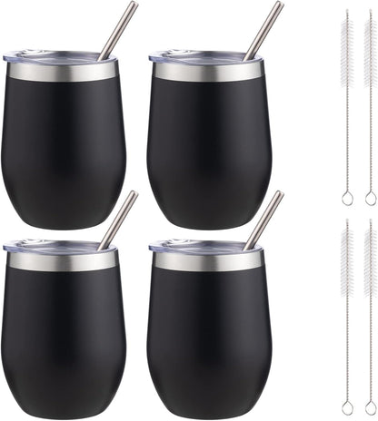12 oz Insulated Wine Tumbler with Lid and Straw,Stainless Steel Stemless Wine Tumbler Glasses Double Wall Vacuum Wine Cups Tumbler for Coffee,Champaign,Cocktail,Office（Silver,1）