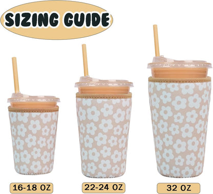 Reusable Insulated Neoprene Iced Coffee Cup Sleeve, Durable Drink Sleeve for Cold Beverages, Beverage Holder for Iced Coffee, Floral Checkers