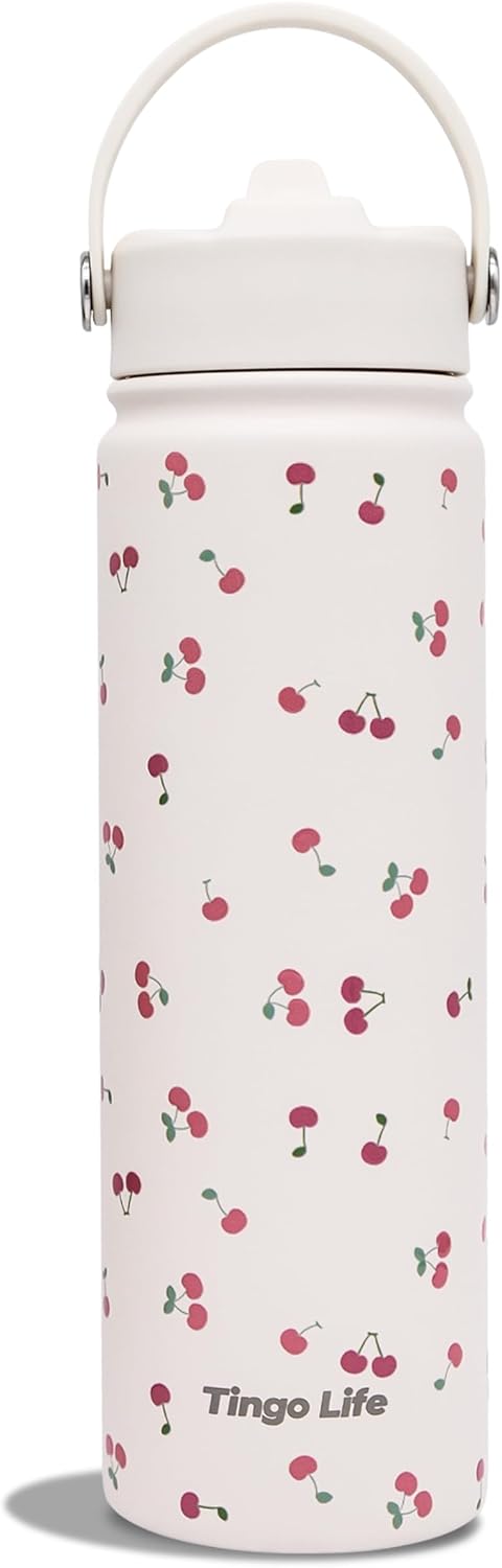 25oz Insulated Stainless Steel Aesthetic Cute Water Bottle - 2 Lids Included (Straw + Sport Handle), Leakproof BPA-Free, Dreamy Cream Cute Floral Design, Perfect Gym/Yoga/Office Companion