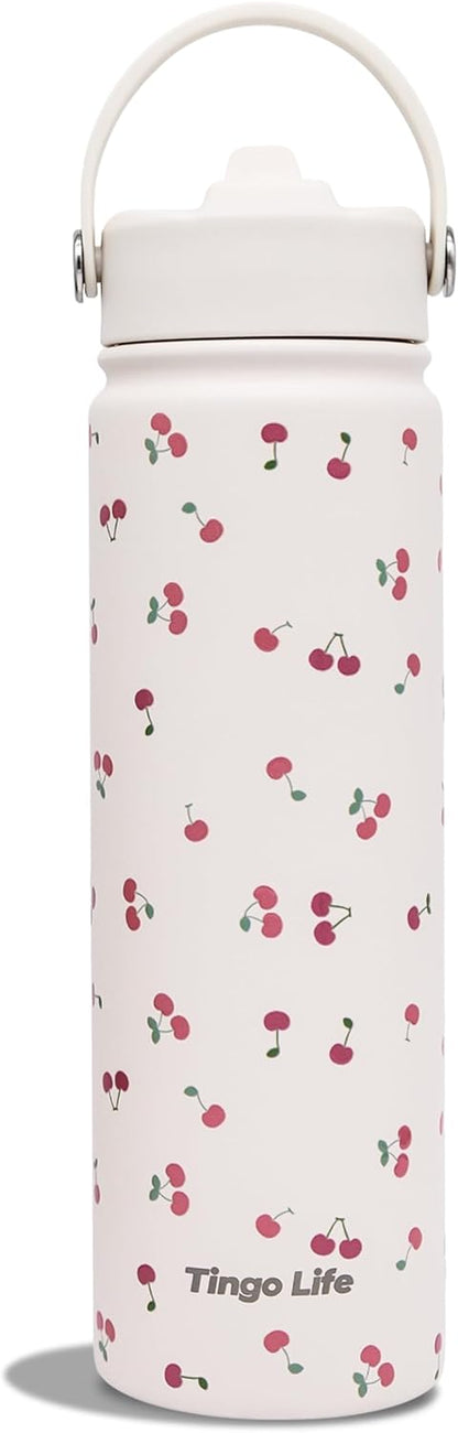 25oz Insulated Stainless Steel Aesthetic Cute Water Bottle - 2 Lids Included (Straw + Sport Handle), Leakproof BPA-Free, Dreamy Cream Cute Floral Design, Perfect Gym/Yoga/Office Companion
