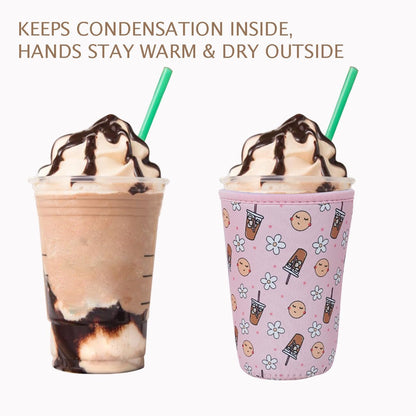 Reusable Insulated Neoprene Iced Coffee Cup Sleeve, Durable Drink Sleeve for Cold Beverages, Beverage Holder for Iced Coffee, Floral Checkers