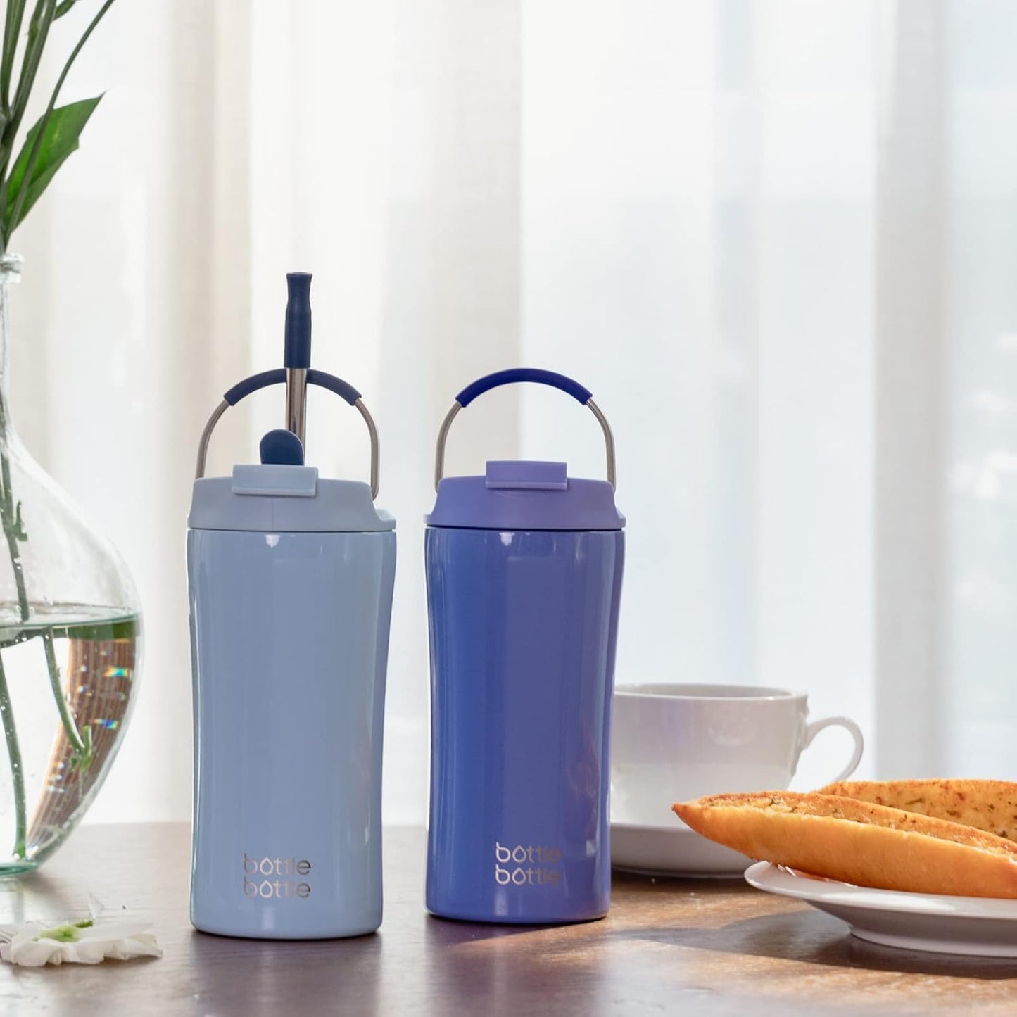 BOTTLE BOTTLE Coffee Tumbler with Dual-use Lid and Straw Double Walled Iced Travel Coffee Mug for Woman and Man 12 oz Stainless Steel Insulated Tumbler with Handle (blue)