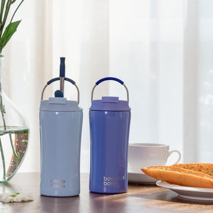 BOTTLE BOTTLE Coffee Tumbler with Dual-use Lid and Straw Double Walled Iced Travel Coffee Mug for Woman and Man 12 oz Stainless Steel Insulated Tumbler with Handle (blue)