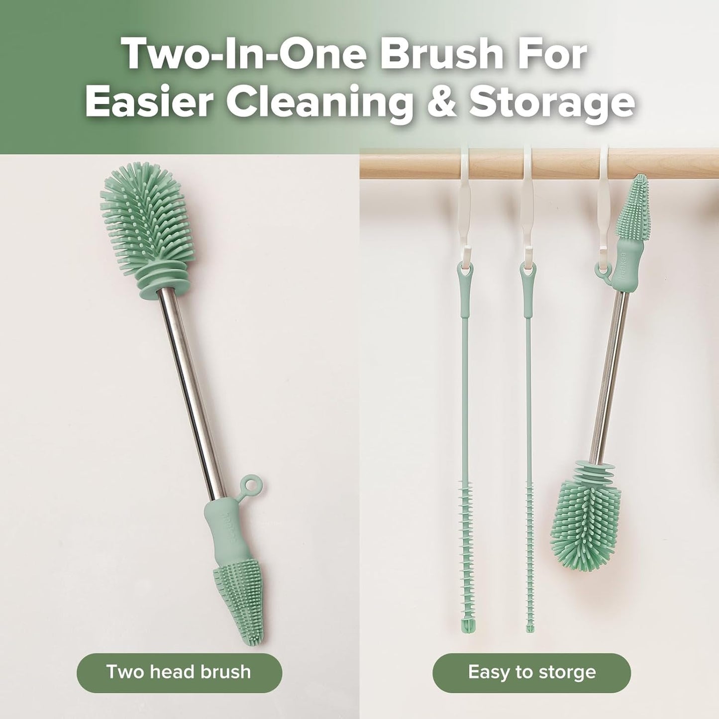 Haakaa Silicone Cleaning Brush for Baby Bottles and Crevices, Double-Ended Bottle Brush for Breast Pumps, Milk Collectors, Nipples and Breastmilk Storage Bags, Food-Grade Silicone, Pea Green, 1 Pack