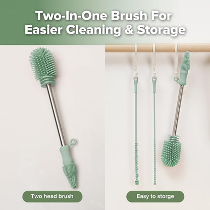 Haakaa Silicone Cleaning Brush for Baby Bottles and Crevices, Double-Ended Bottle Brush for Breast Pumps, Milk Collectors, Nipples and Breastmilk Storage Bags, Food-Grade Silicone, Pea Green, 1 Pack
