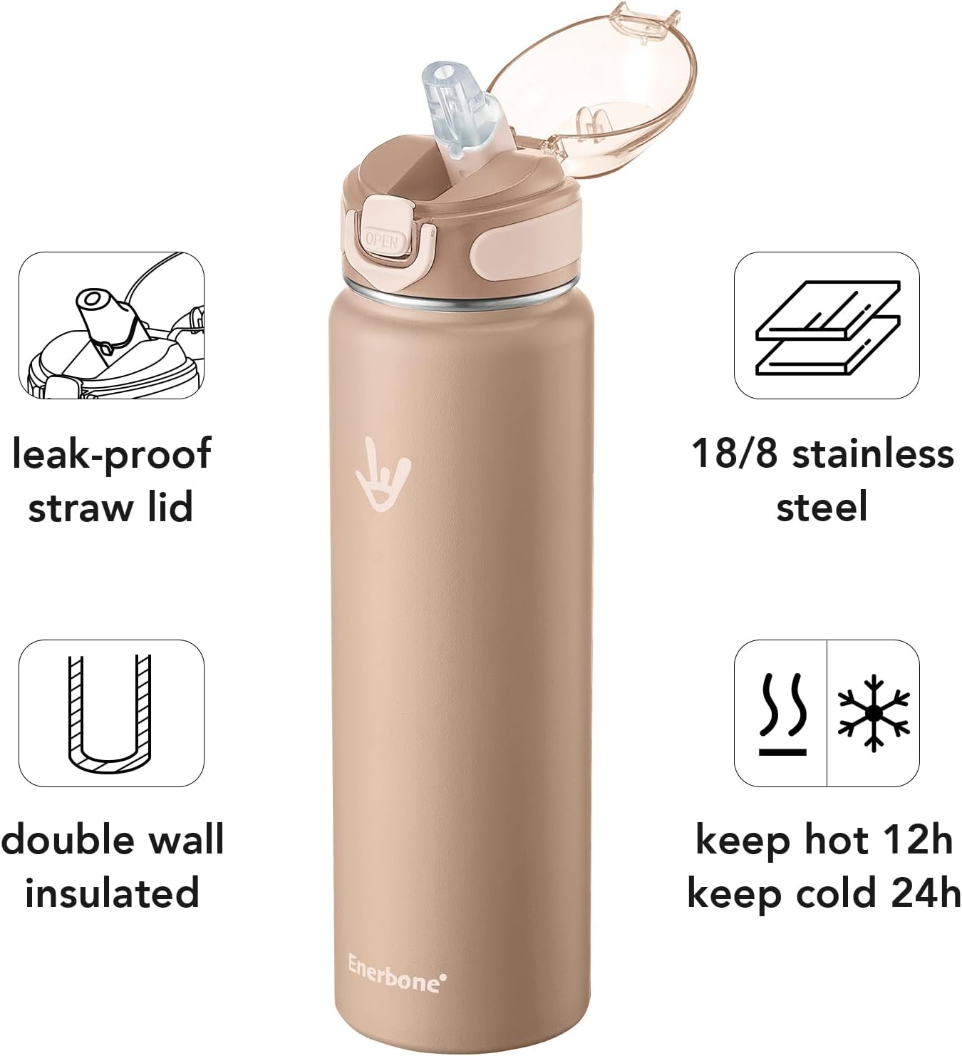 Enerbone 24 oz Insulated Water Bottle, Stainless Steel Bottle with Carrying Strap, Double-Wall Vacuum Insulation Design, Leakproof Sports Bottle with Straw, Keep Drinks Cold or Hot for Hours