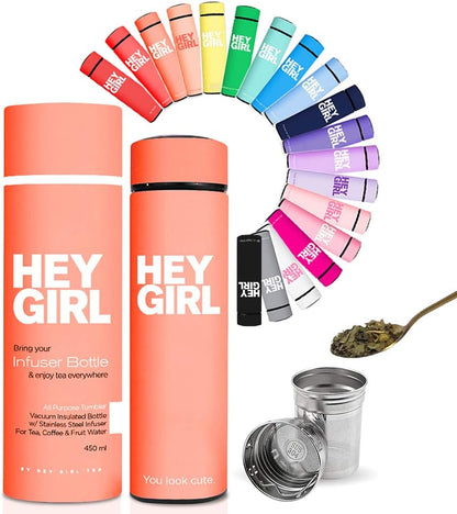 Hey Girl Tea Infuser Bottle 450ml - Insulated Stainless Steel Water Bottle - Tea Tumbler with Tea Diffuser - Portable Travel Mug for Loose Leaf Tea & Infused Water - Tea Lovers Gifts for Women (Pink)