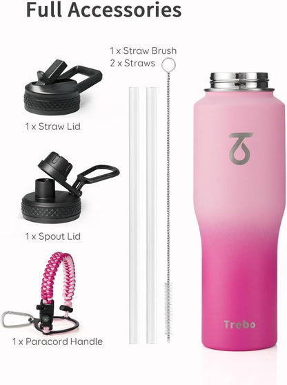 Trebo 40 oz Water Bottle Insulated Fit Car Cup Holder with Handle, Stainless Steel Water Bottles Tumbler with Spout Straw Lids, Double Wall Travel Reusable Flask, Leakproof Mug,Keep Cold &Hot,Black
