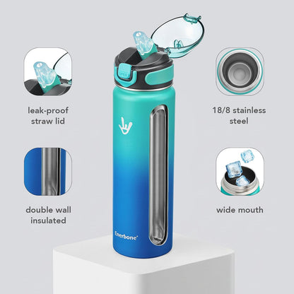 Enerbone 24 oz Insulated Water Bottle, Stainless Steel Bottle with Carrying Strap, Double-Wall Vacuum Insulation Design, Leakproof Sports Bottle with Straw, Keep Drinks Cold or Hot for Hours
