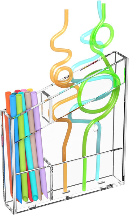 Acrylic Straw Holder for Cabinet - 9.5 Inch Clear Reusable Straw Organizer Dispenser with Ultra Sticky Adhesive Tapes, Slanted Kitchen Accessories Container Cupboard Door Mounted