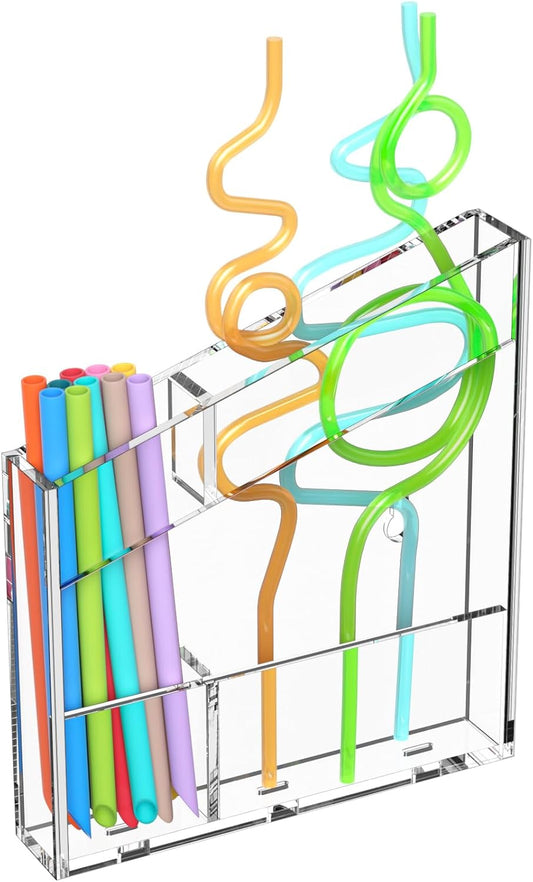 Acrylic Straw Holder for Cabinet - 9.5 Inch Clear Reusable Straw Organizer Dispenser with Ultra Sticky Adhesive Tapes, Slanted Kitchen Accessories Container Cupboard Door Mounted