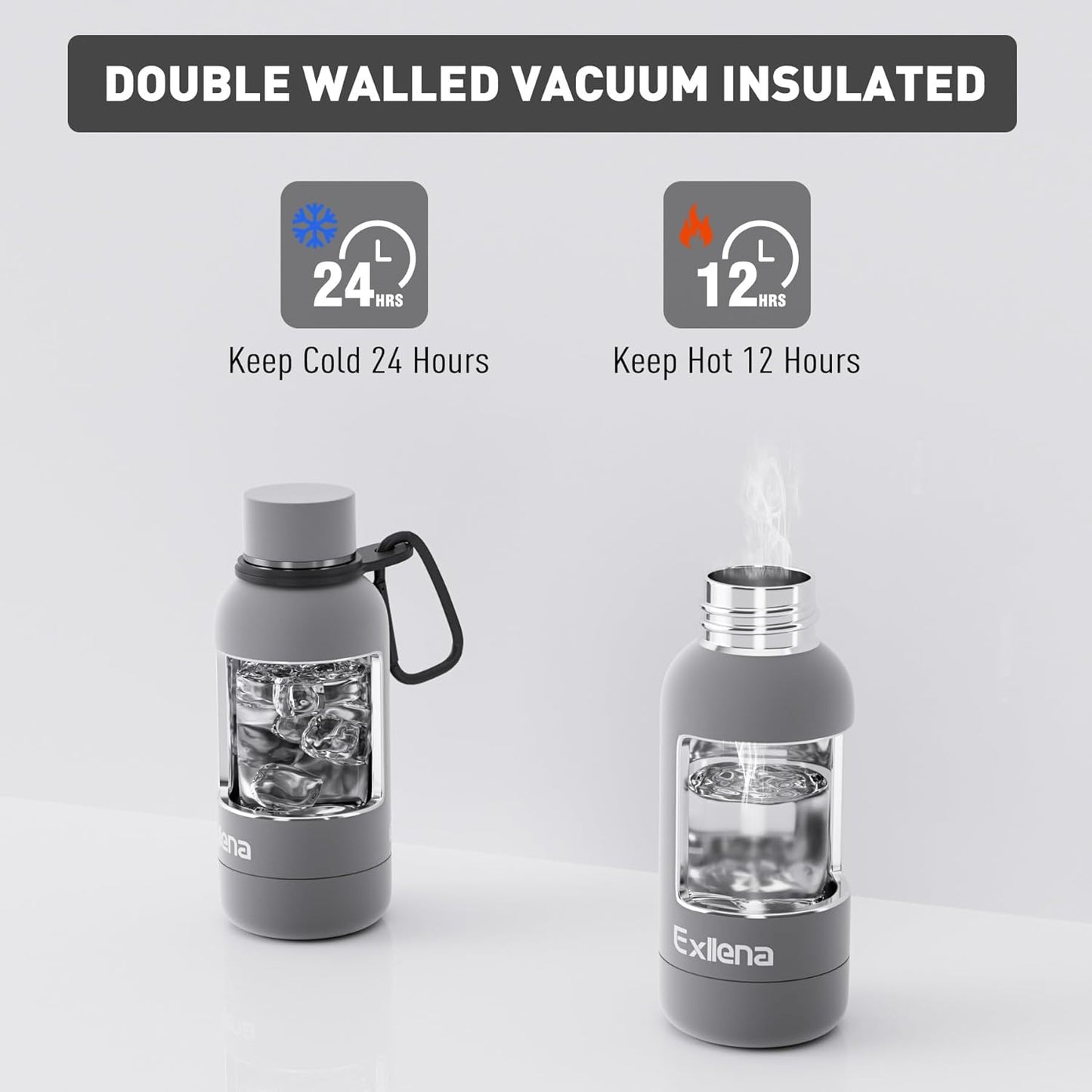 Exllena Slim Insulated Water Bottles for Travel 18oz with Clip, Double Wall Vacuum Stainless Steel Water Bottle Keeps Drinks Cold 24 Hrs/Hot 12 Hrs, 100% Leakproof, BPA Free(Black)