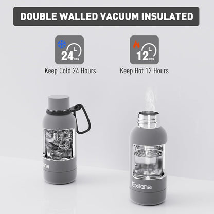 Exllena Slim Insulated Water Bottles for Travel 18oz with Clip, Double Wall Vacuum Stainless Steel Water Bottle Keeps Drinks Cold 24 Hrs/Hot 12 Hrs, 100% Leakproof, BPA Free(Black)