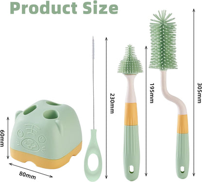 3 in 1 Baby Silicone Bottle Brush Set, Multipurpose Bottle Cleaner, Bottle Brush with Storage Holder, Food Grade Silicone, Effortless Scrubbing, Baby Bottle Cleaning Brush (Green)