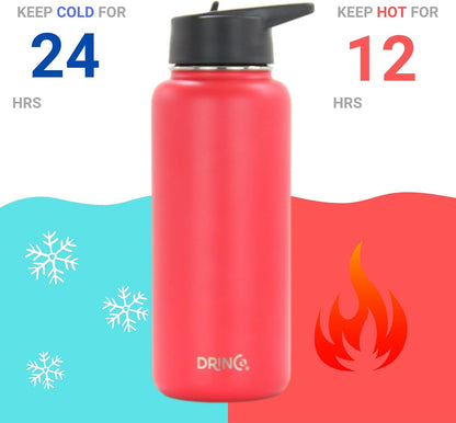 Drinco Stainless Steel Water Bottle Spout Lid Vacuum Insulated Double Wall Water Bottle Wide Mouth (40oz 32oz 22oz 18oz 14oz) Leak Proof Keep Cold Sport Camping Hiking (22 oz, 22oz Black)