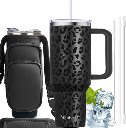 40oz Stainless Steel Double Vacuum Tumbler with Handle, Straw Lid, Carrier Bag, Purse Pouch Phone Pocket, Gym Water Bottle Travel Mug and Sleeve Holder for Men Women (Black)