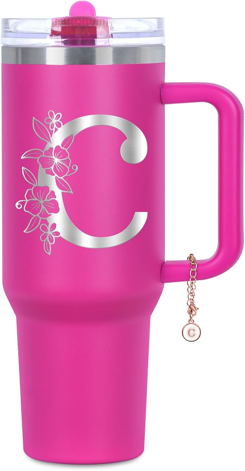 Personalized 40 oz Monogrammed Tumbler with Handle and Flip Straw Lid, 100% Leak Proof stainless steel Insulated Tumbler, Customized Initial Funny Gifts for Women Mom Sisters Coworker, A