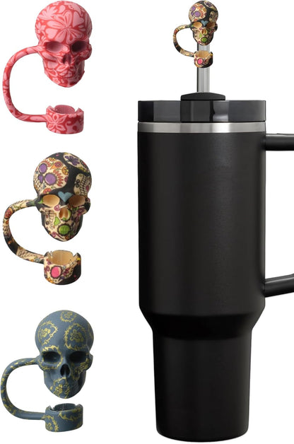Skull Straw Cover Caps for Halloween Stanley Cup - 3 PCs Silicone Goth Straw Toppers Cool 10mm Straws Accessories Day of the Dead Gift for Boys