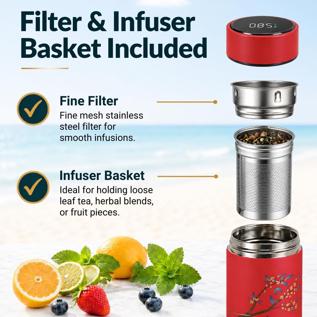 Farasi Tea Infuser for Loose Leaf Tea Smart Water Bottle with Temperature Display, Stainless Steel Insulated Coffee and Fruit Tea Infuser Bottle - Green Floral Travel Tea Mugs 15 oz