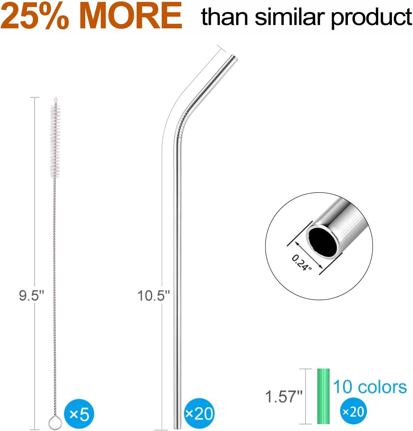 MUTNITT Set of 20 10.5" Reusable Bent Stainless Steel Straws with 20 Silicone Tips 5 Cleaning Brush 1 Travel Case Eco Friendly Extra Long Metal Straw Drinking for 20 24 30 oz Tumbler
