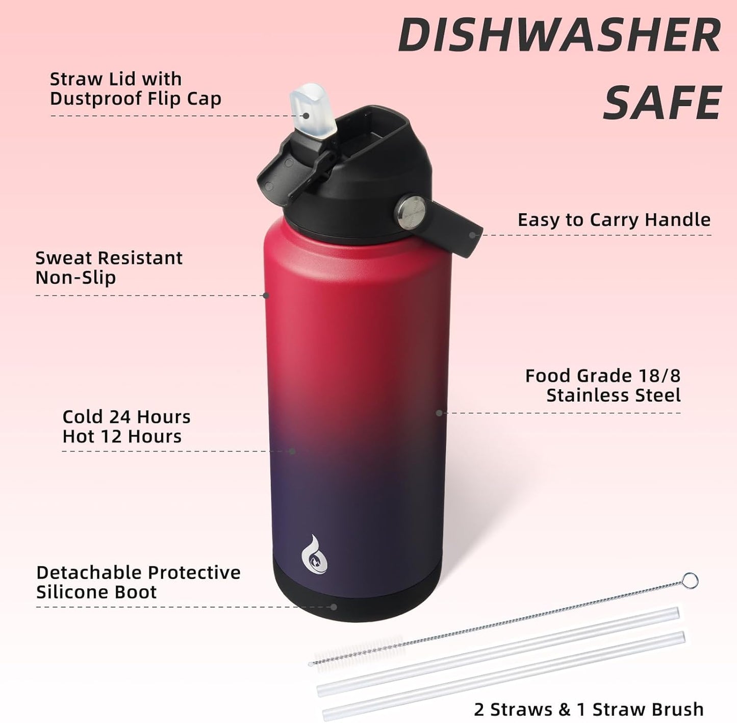 BJPKPK Insulated Water Bottle with Straw Lid, 18oz Thermo Water Bottles with Soft Nozzle, Flex Handle & Non-slip Boot, BPA Free Leak Proof Stainless Steel Metal Thermo, Tumblers, Cups,Sea Salt