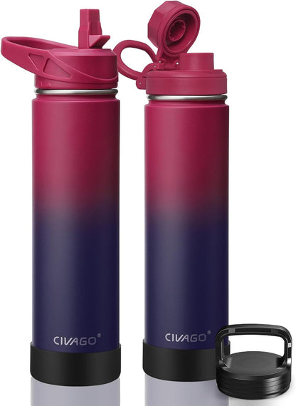 CIVAGO 32 oz Insulated Water Bottle With Straw, Stainless Steel Sports Water Cup Flask with 3 Lids (Straw, Spout and Handle Lid), Wide Mouth Travel Thermal Mug, Black