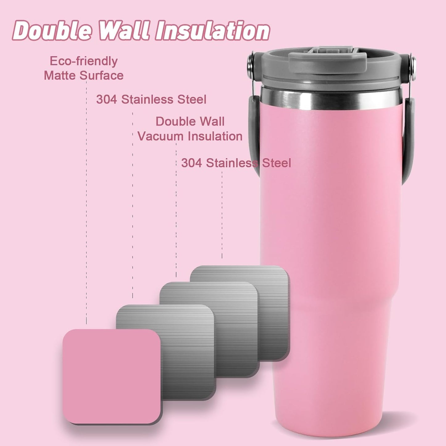 30 oz Tumbler with Handle and Straw Lid, Double Walled Vacuum Insulated Water Bottle Leakproof Tumbler Travel Coffee Mug Thermal Cup, Cupholder Friendly for Office, Home, Sport, Pink