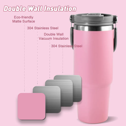 30 oz Tumbler with Handle and Straw Lid, Double Walled Vacuum Insulated Water Bottle Leakproof Tumbler Travel Coffee Mug Thermal Cup, Cupholder Friendly for Office, Home, Sport, Pink