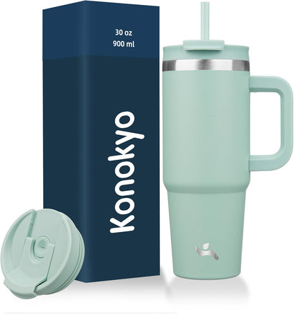 Konokyo 30 oz Tumbler with Handle and 2 Straws,2 in 1 Lid Insulated Water Bottle Stainless Steel Travel Coffee Mug,Sky