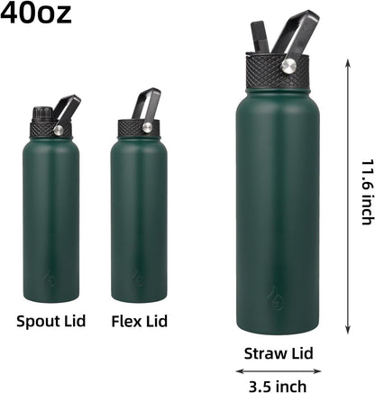 BJPKPK Insulated Water Bottles with Straw Lid, 40oz Stainless Steel Water Bottles with 3 Lids, BPA Free Leakproof Thermo, Tumblers, Cups for Sports, Gym- Midnight - Colors B