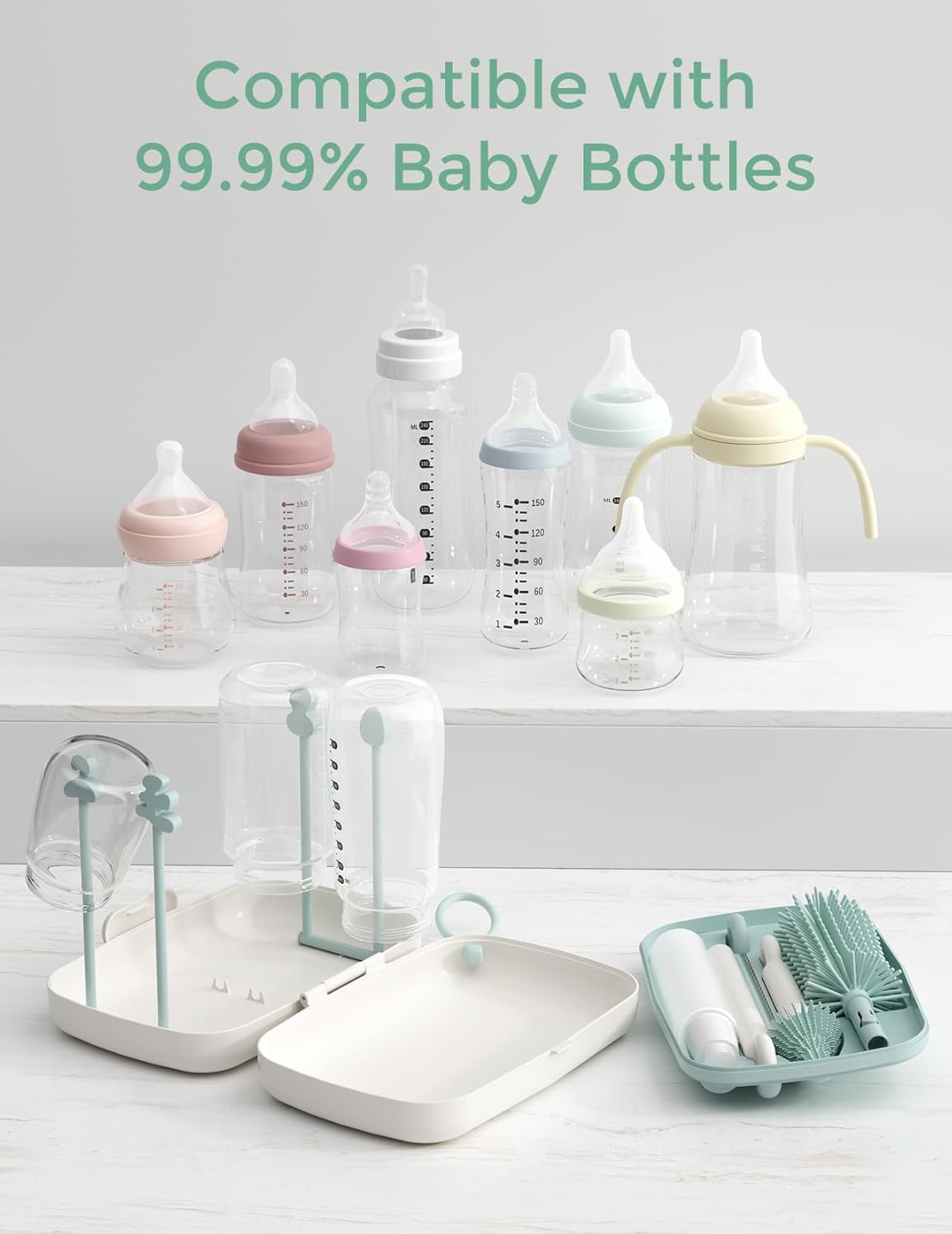 Momcozy Bottle Brush Kit with Push-Press Foam Design - Newborn Essentials Gift, Portable Cleaning Tool for Home & Travel, Baby Bottle Cleaner Brush for Breast Pumps & Nipples, Green