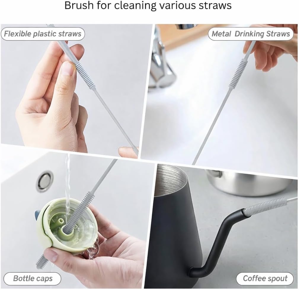 Silicone Bottle Brush & Silicone Straw Cleaner Set – 12.5” Long Handle, Flexible, Odor-Resistant, Dishwasher Safe – for Water Bottles, Baby Bottles, Tumblers & Straws (Grey)