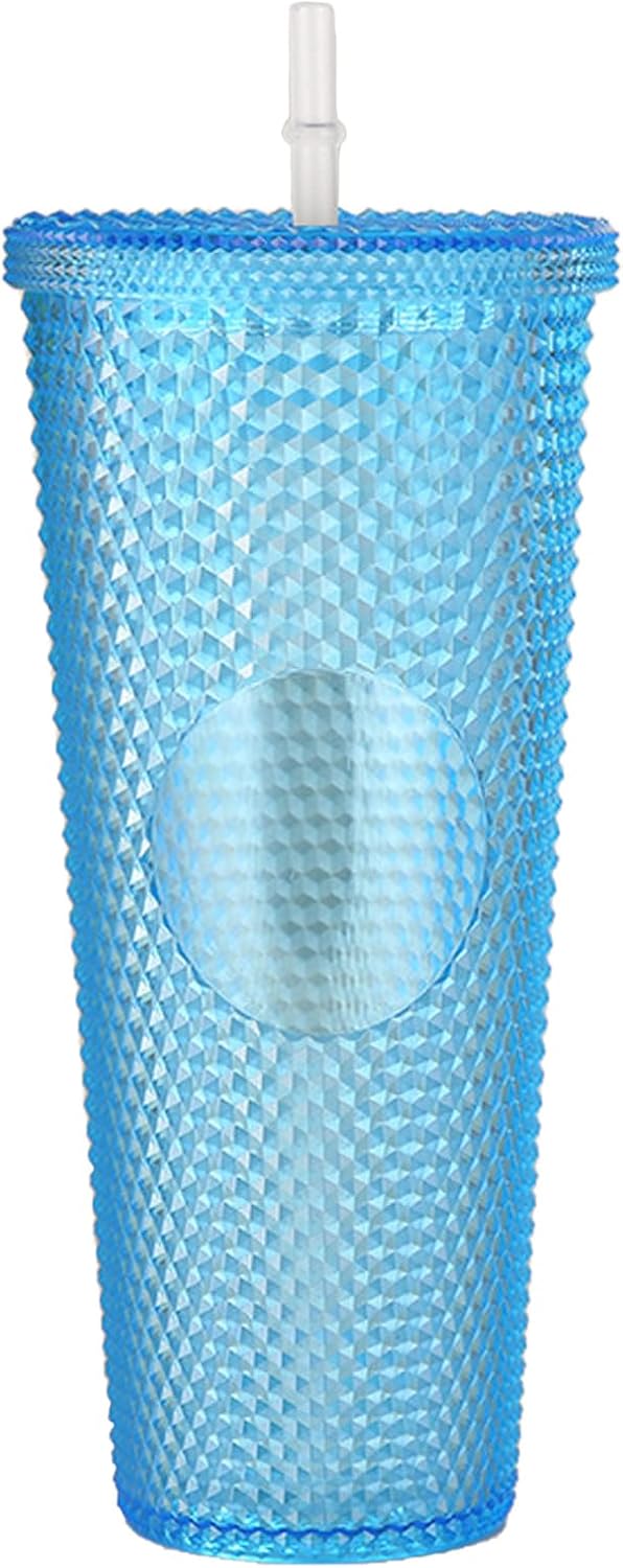 Studded Tumbler With Straw Tumblers With Lids And Straws Iridescent Blue Cups Water Cup With Straw And Lid BPA-Free Double-Wall Plastic for Iced Coffee Cups or Water 24 Oz