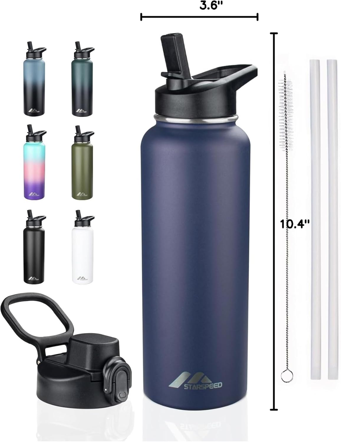 StarSpeed 32oz Insulated Water Bottle with Straw Lid, Stainless Steel Double Walled Vacuum Water Flask, Wide Mouth Sports Water Bottle for Gym Camping Hiking, Indigo Black