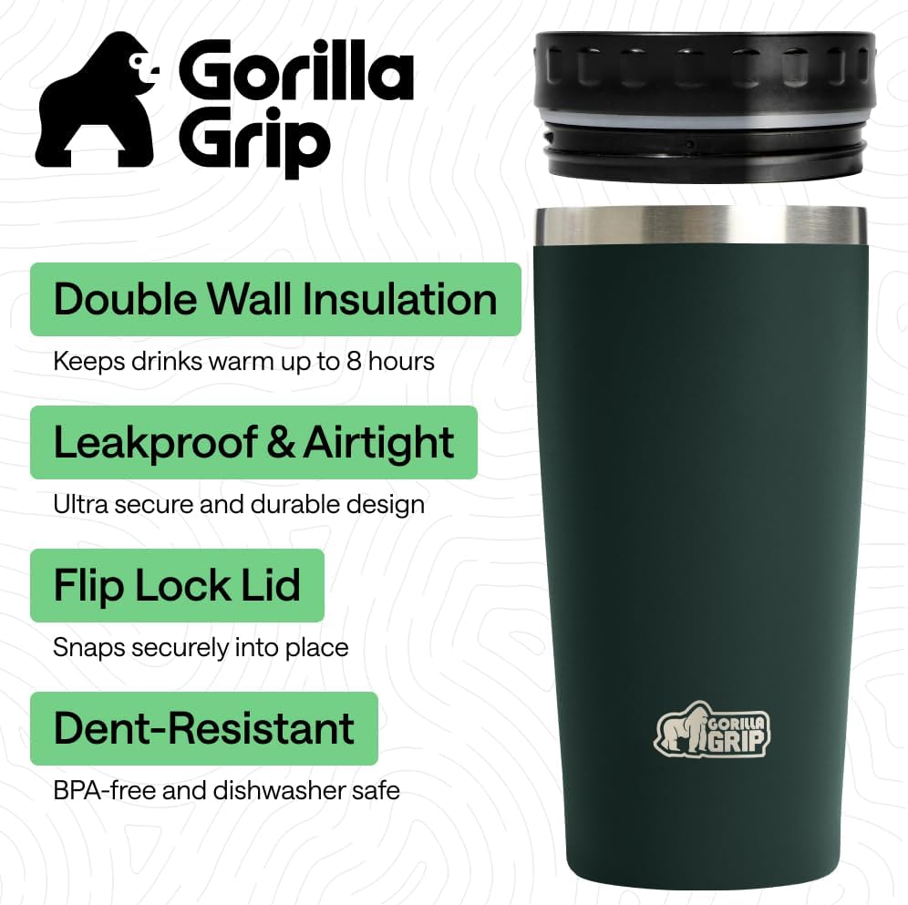 GORILLA GRIP 304 Stainless Steel Double Insulated Travel Coffee Mug, Leakproof Lid with Smooth Sip Top, Prevent Spills, Dent & Rust Resistant Reusable Tumbler Cup, Thermal Mugs for Drinks, 20oz, Black