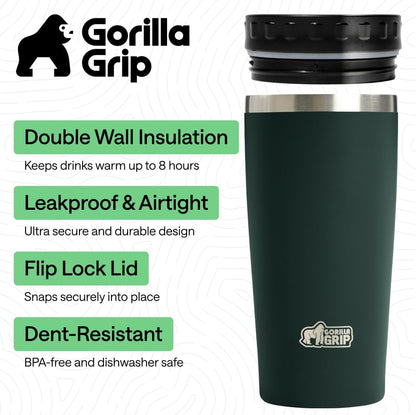 GORILLA GRIP 304 Stainless Steel Double Insulated Travel Coffee Mug, Leakproof Lid with Smooth Sip Top, Prevent Spills, Dent & Rust Resistant Reusable Tumbler Cup, Thermal Mugs for Drinks, 20oz, Black