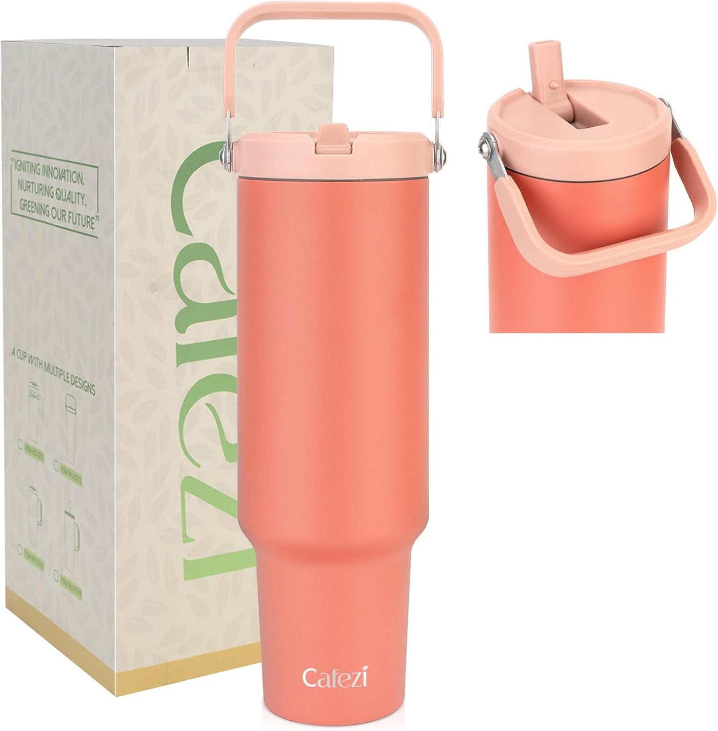 40 oz Insulated Tumbler with Top Handle and Flip Straw, Vacuum Insulated Stainless Steel Cup with Leak-Proof Lid, Sweat-Free, Fits Cup Holder, Keeps Ice Cold up to 30 Hours