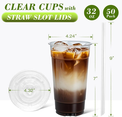 Ginkgo 32 oz Clear Plastic Cups with Lids and Jumbo Straws, Disposable To Go Iced Coffee Cups for Smoothie, Boba Milk Tea - 50 Pack