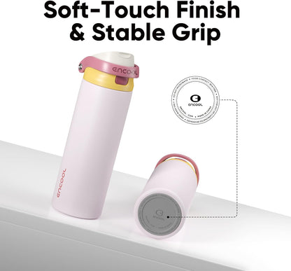 ENCOOL Leakproof Insulated Water Bottle with Straw Dual-Sip Water Bottle Bag-Safe Design for Work, Commute & Gym – Keeps Drinks Cold All Day, 24 oz, Lemonade Pink - Colors B