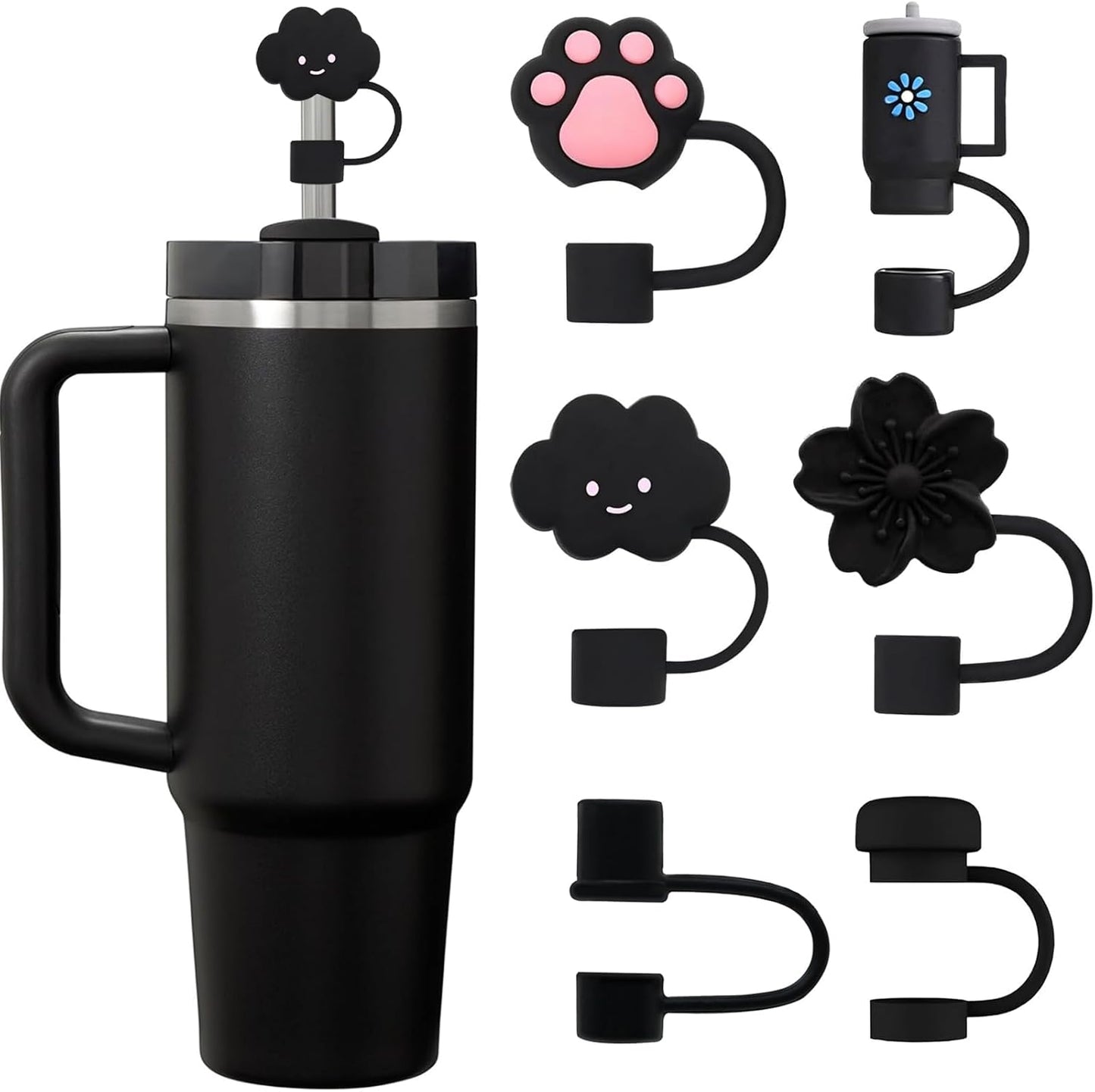 6PCS Silicone Straw Covers Cap Compatible with Stanley Cup 30-40 oz Tumbler with Handle 10mm Straw Toppers，Dust-Proof Reusable Straw Cover for Stanley Cup Accessories (Black)