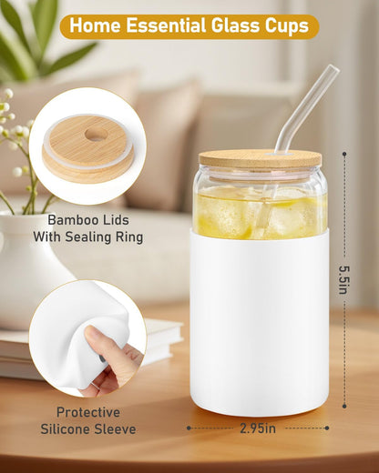 sungwoo 4PCS Glass Cups with Bamboo Lids and Straws, 16OZ Ice Coffee Cup, Drinking Cup set with Wooden Lids, Home Essential Glass Tumblers for Beer, Cocktail, Tea and Latte Clear