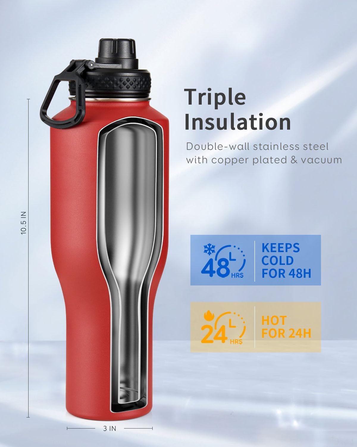 Trebo 40 oz Water Bottle Insulated Fit Car Cup Holder with Handle, Stainless Steel Water Bottles Tumbler with Spout Straw Lids, Double Wall Travel Reusable Flask, Leakproof Mug,Keep Cold &Hot,Black