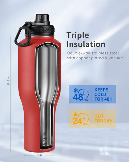 Trebo 40 oz Water Bottle Insulated Fit Car Cup Holder with Handle, Stainless Steel Water Bottles Tumbler with Spout Straw Lids, Double Wall Travel Reusable Flask, Leakproof Mug,Keep Cold &Hot,Black