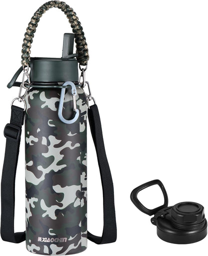 KXIAOCHEN Insulated Water Bottle With Strap, Cold For 48 Hrs Leak Proof, Triple Wall Stainless Steel Sports Water Bottle With Straw And Spout Lid For Gym Hiking Travel