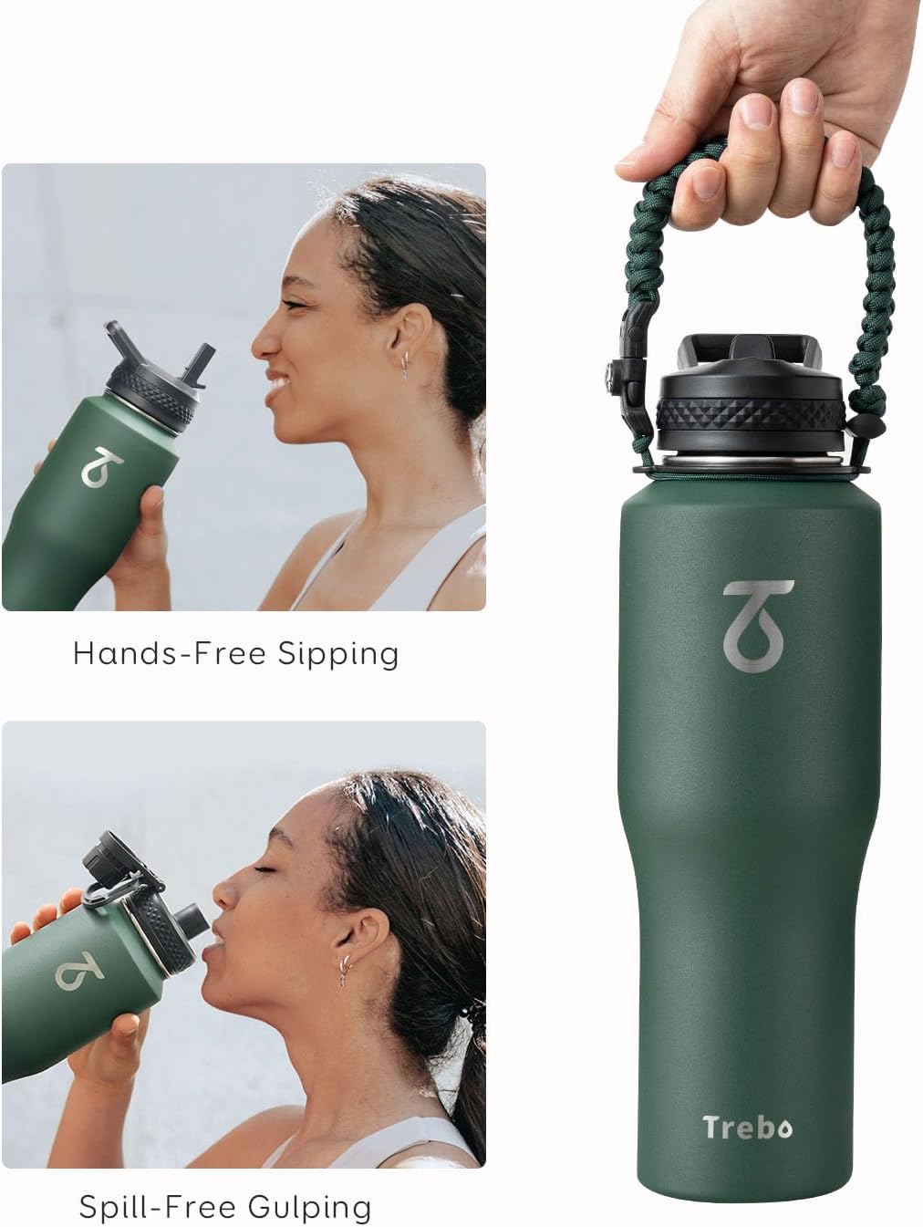 Trebo 40 oz Water Bottle Insulated Fit Car Cup Holder with Handle, Stainless Steel Water Bottles Tumbler with Spout Straw Lids, Double Wall Travel Reusable Flask, Leakproof Mug,Keep Cold &Hot,Black