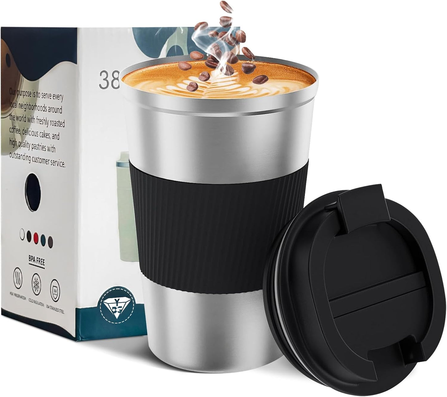 YINBAOGE Insulated Travel Coffee Mug, Spill & Leak Proof, Portable To Go Camping Stainless Steel Coffee Tumbler, Reusable Thermal Coffee Cup with Lid for Hot & Cold Drinks (Black, 12 OZ)