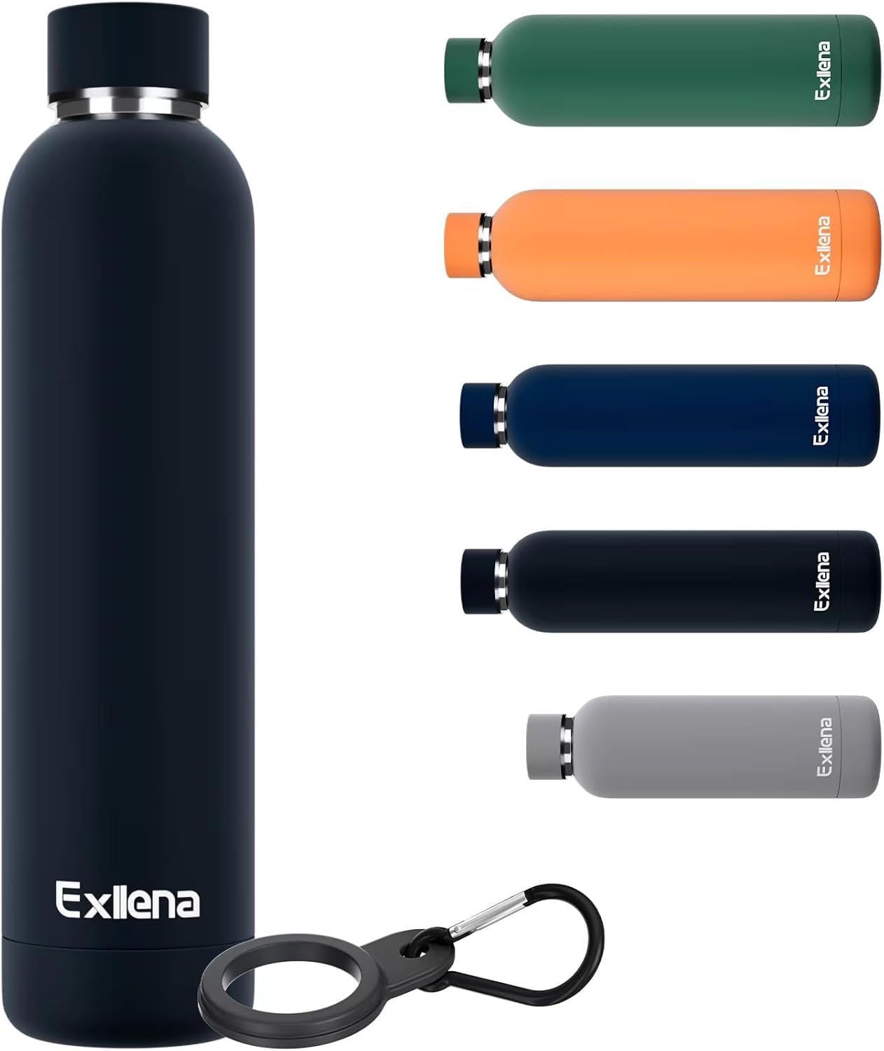 Exllena Slim Insulated Water Bottles for Travel 18oz with Clip, Double Wall Vacuum Stainless Steel Water Bottle Keeps Drinks Cold 24 Hrs/Hot 12 Hrs, 100% Leakproof, BPA Free(Black)