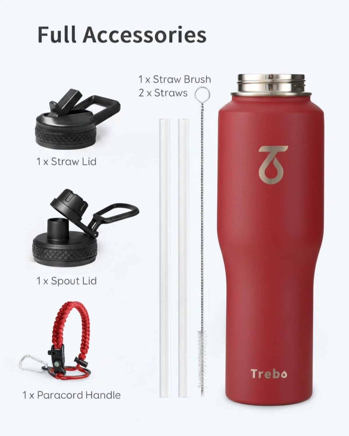 Trebo 40 oz Water Bottle Insulated Fit Car Cup Holder with Handle, Stainless Steel Water Bottles Tumbler with Spout Straw Lids, Double Wall Travel Reusable Flask, Leakproof Mug,Keep Cold &Hot,Black