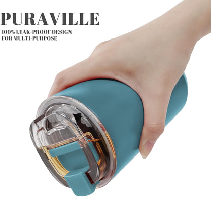 Puraville Insulated Tumblers with Lid, 14 oz Travel Coffee Mug Stainless Steel Vacuum Cup, Leak Proof Reusable Double Walled Coffee Tumbler for Iced and Hot Drinks, Cream