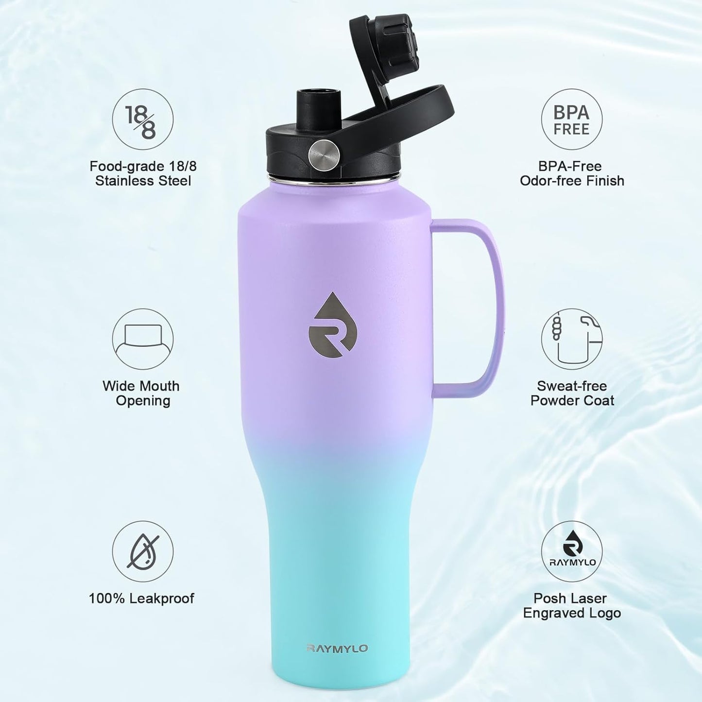 RAYMYLO 40 oz Insulated Water Bottle with Straw fit in Car Cup Holder, Triple Wall Vacuum Stainless Steel(Cold 48 hrs, Hot 24 hrs), Leakproof & Non-BPA, Hydro Travel Flask with Straw and Spout Lid